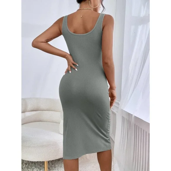 Square neck Ribbed Knit Split Thigh Tank midi Dress light purple lilac - Picture 7 of 15